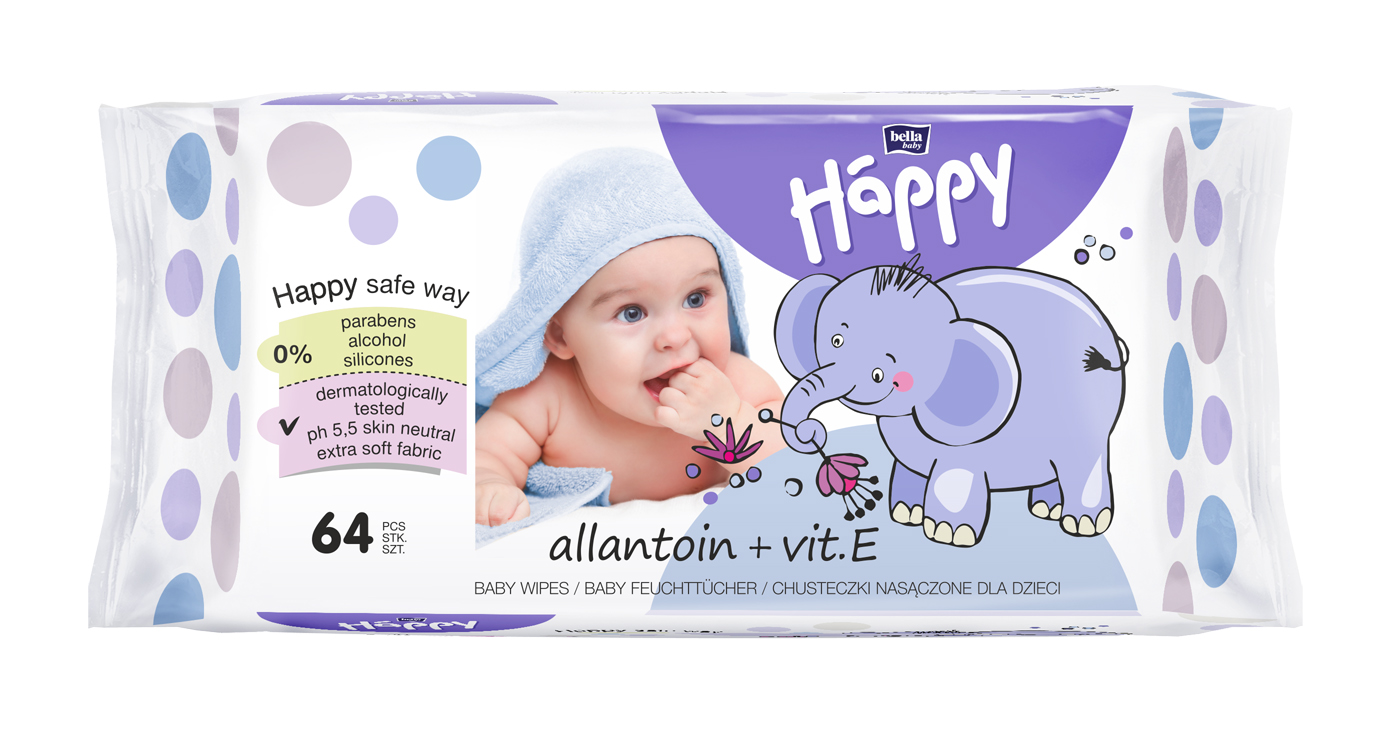VLHČENÉ OBRÚSKY Happy s alantoínom a vitamínom E - 64 ks