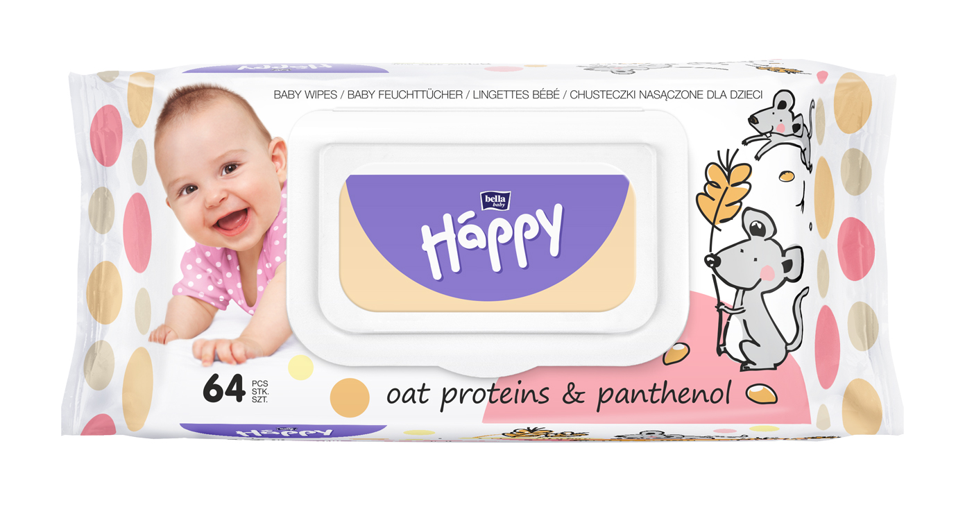 VLHČENÉ OBRÚSKY Happy Ovsené Proteíny a Panthenol - 64 ks